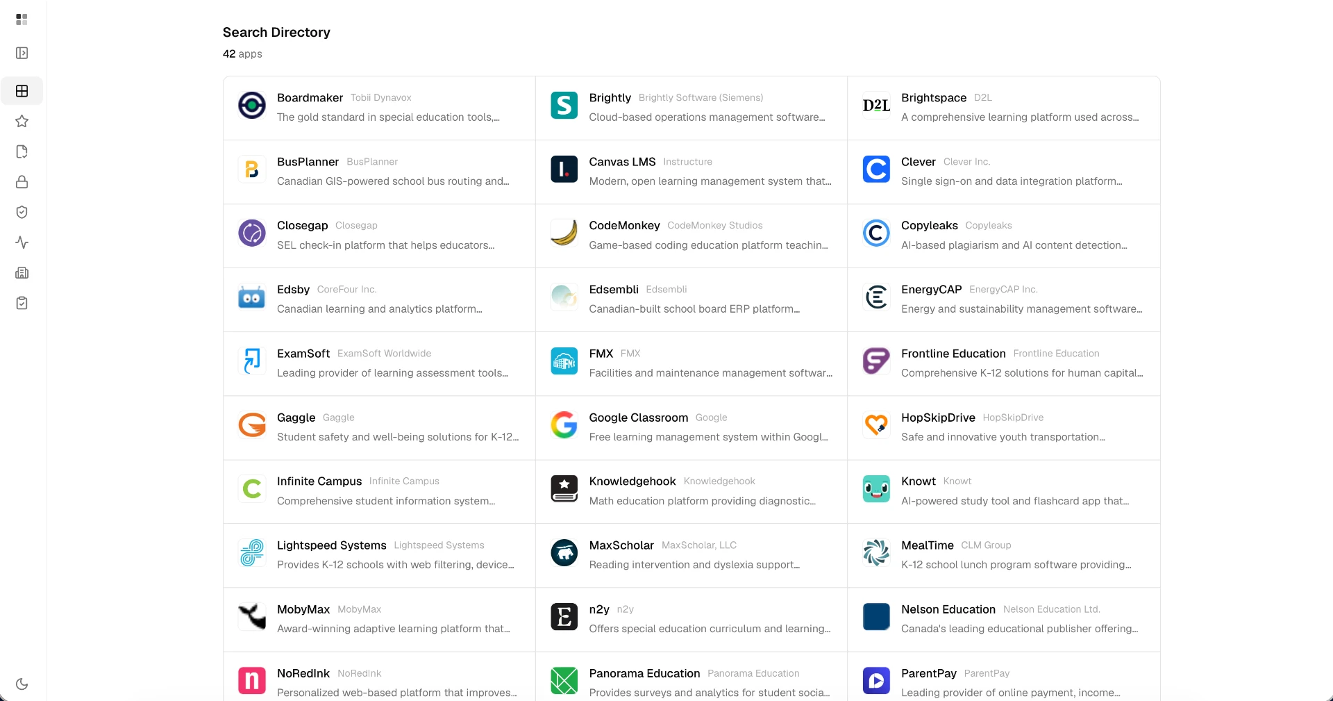 shuriii vendor directory showing monitored K-12 EdTech platforms